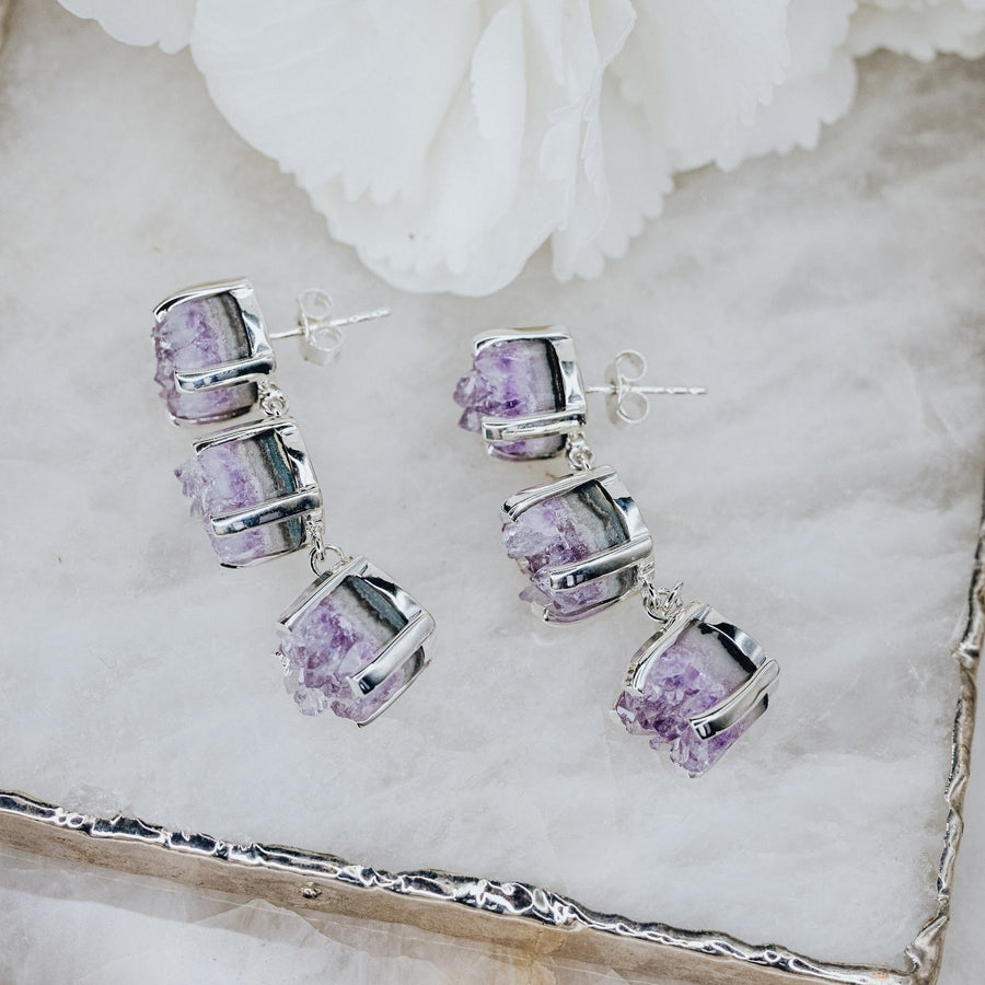 Triple amethyst silver earrings