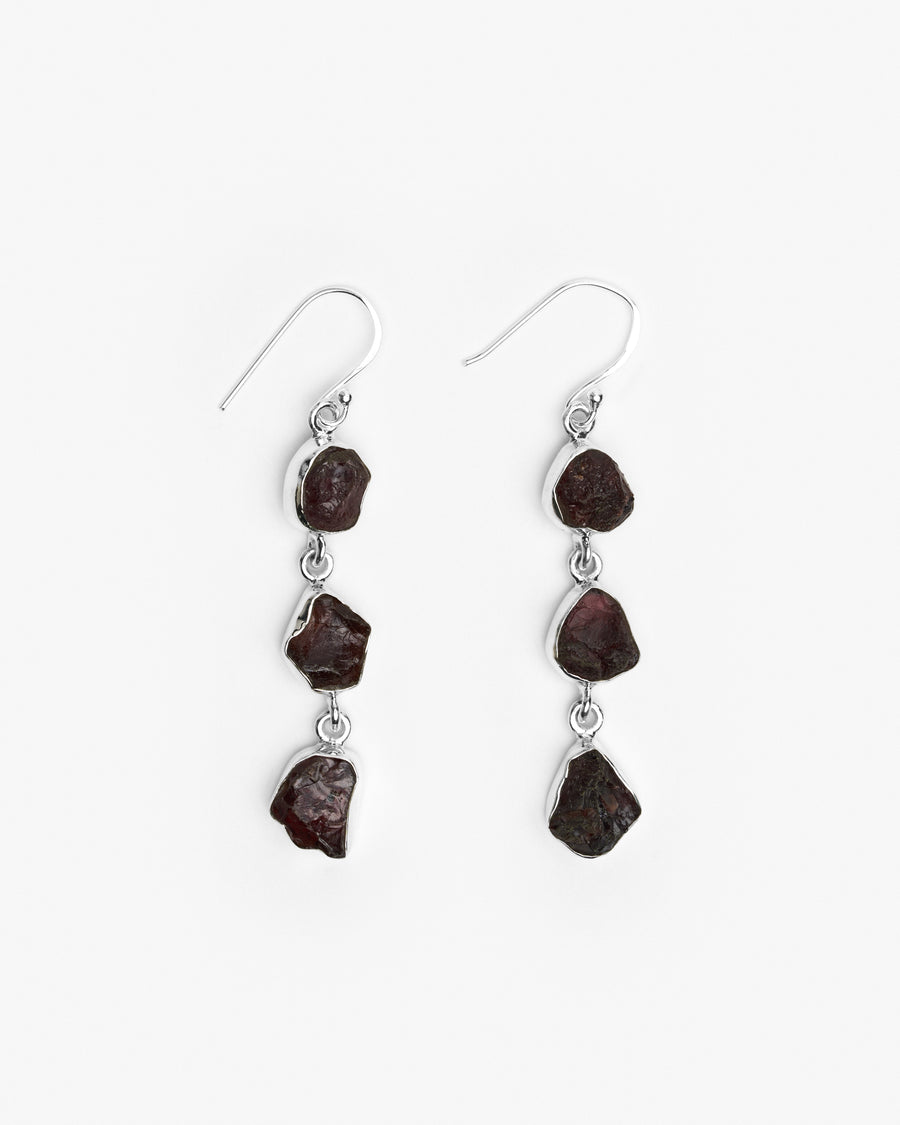 Garnet triple silver earrings