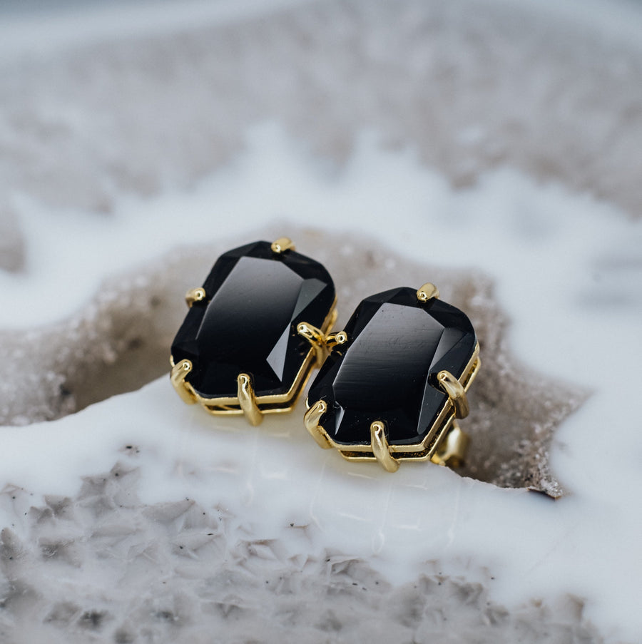 Black onyx pentagon 14K stud earrings