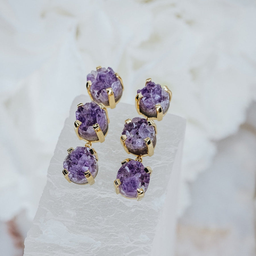 Boucles d'oreille triple améthyste 18K