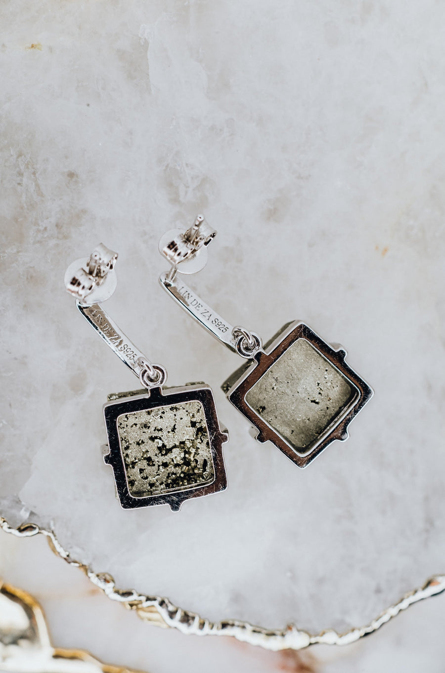 Pyrite square silver earrings
