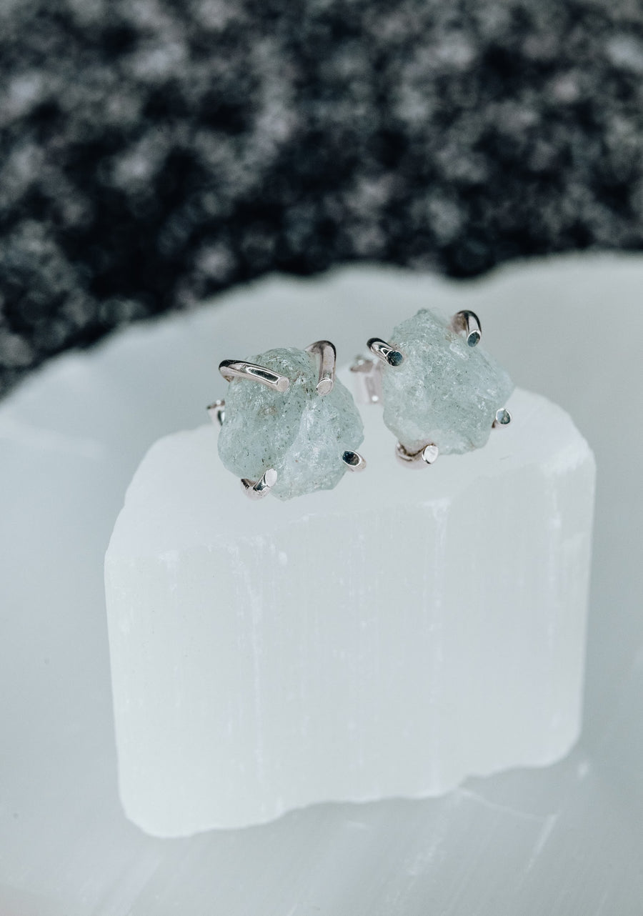 Aquamarine raw silver stud earrings
