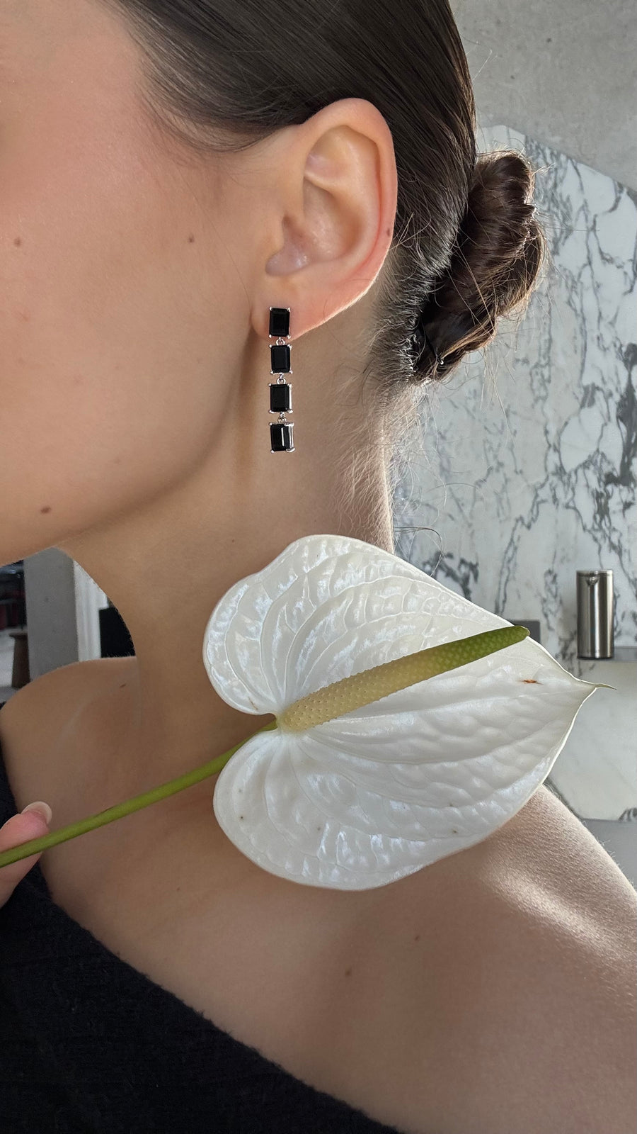 Black onyx 4 stone rectangular silver earrings