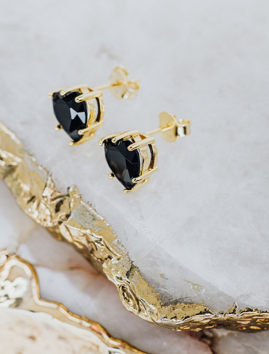 Boucles d'oreilles cœur cloutées en onyx noir 14K