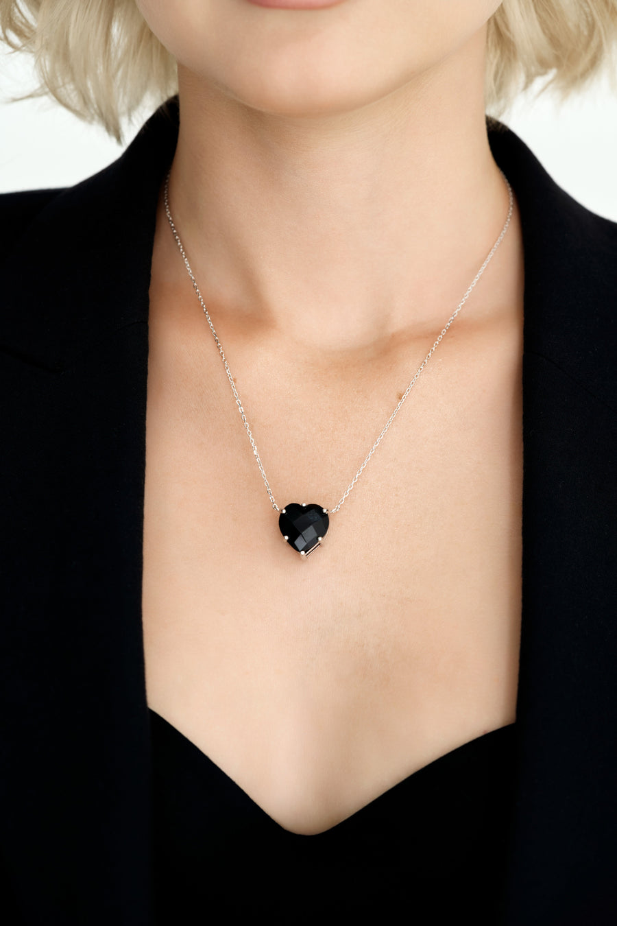 Black onyx silver heart necklace
