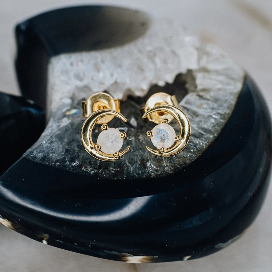 Boucles d'oreilles lune en pierre de lune 18K