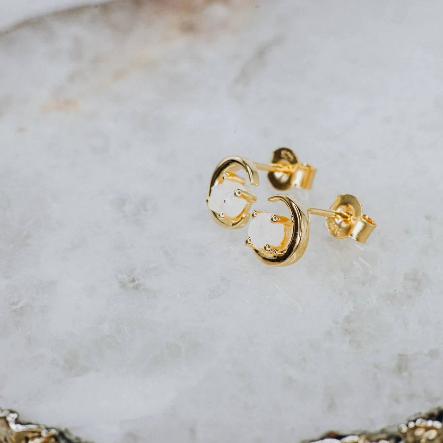 Boucles d'oreilles lune en pierre de lune 18K