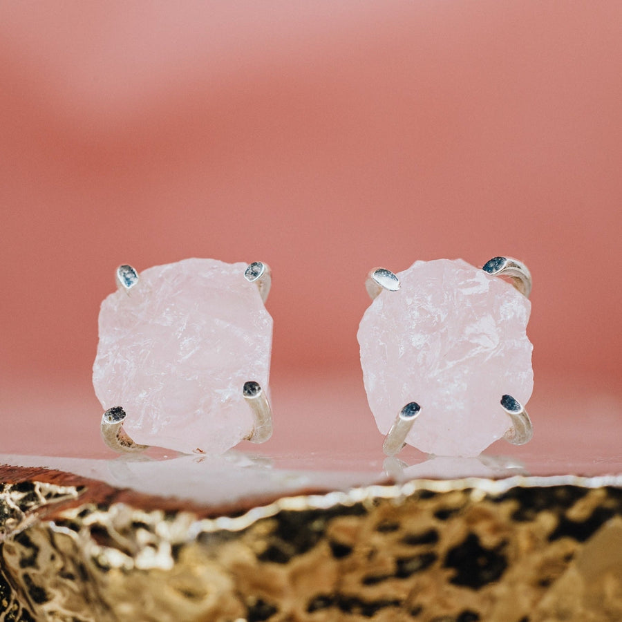 Boucles d'oreilles en quartz rose et argent brut