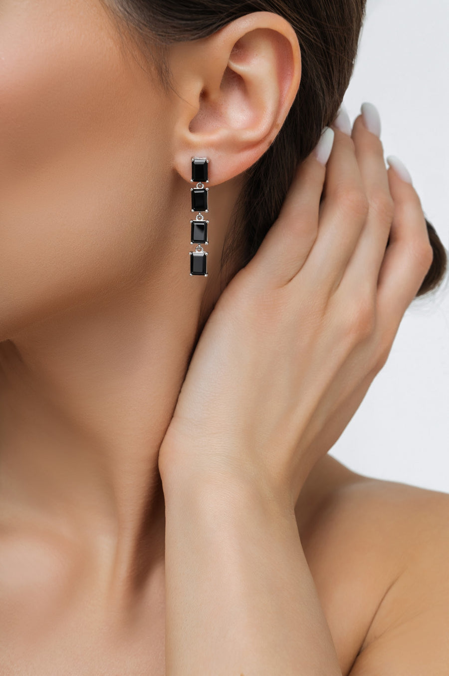 Black onyx 4 stone rectangular silver earrings