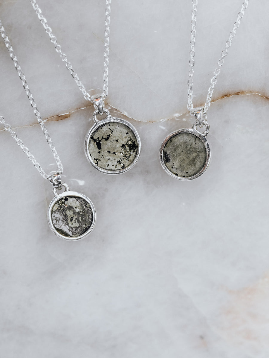Pyrite round silver necklace