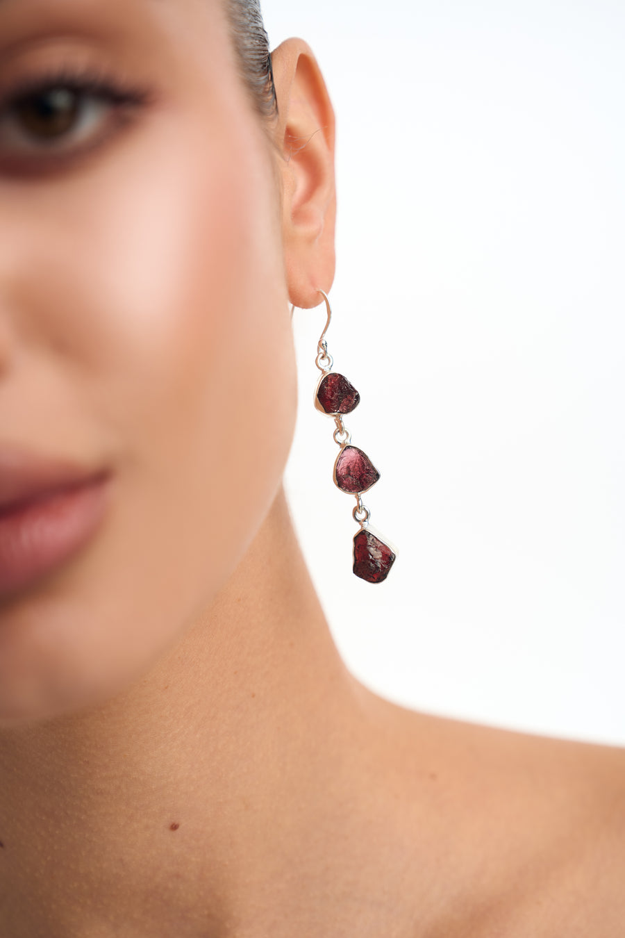 Garnet triple silver earrings