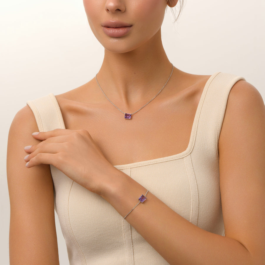 Amethyst silver plated rectangular necklace
