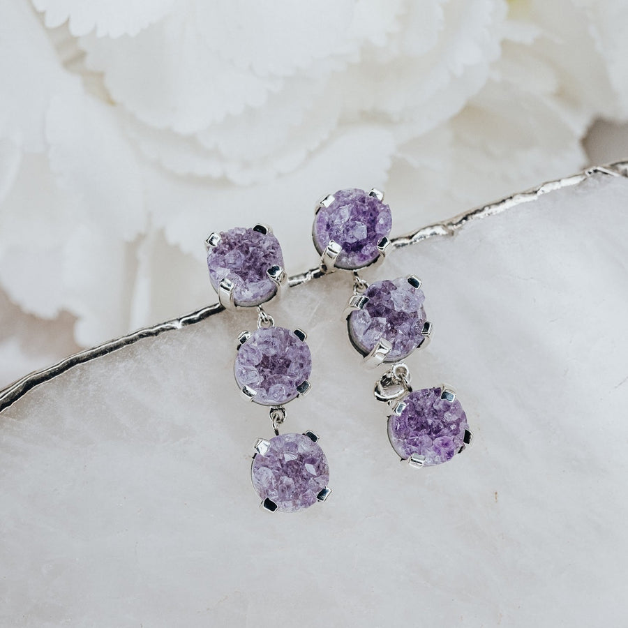 Triple amethyst silver earrings