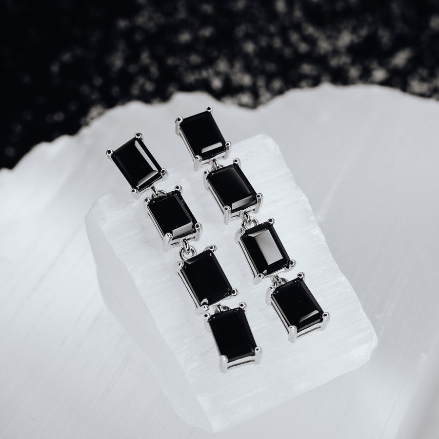 Black onyx 4 stone rectangular silver earrings