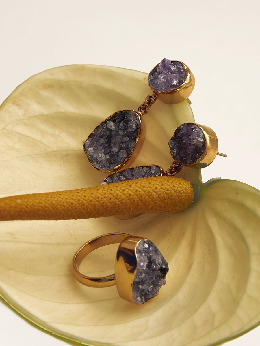 Boucles d'oreilles en Améthyste Druzy plaqué or 18K