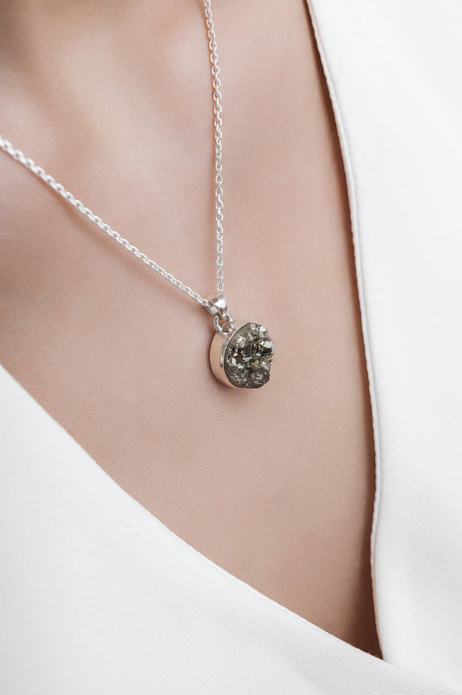 Pyrite round silver necklace