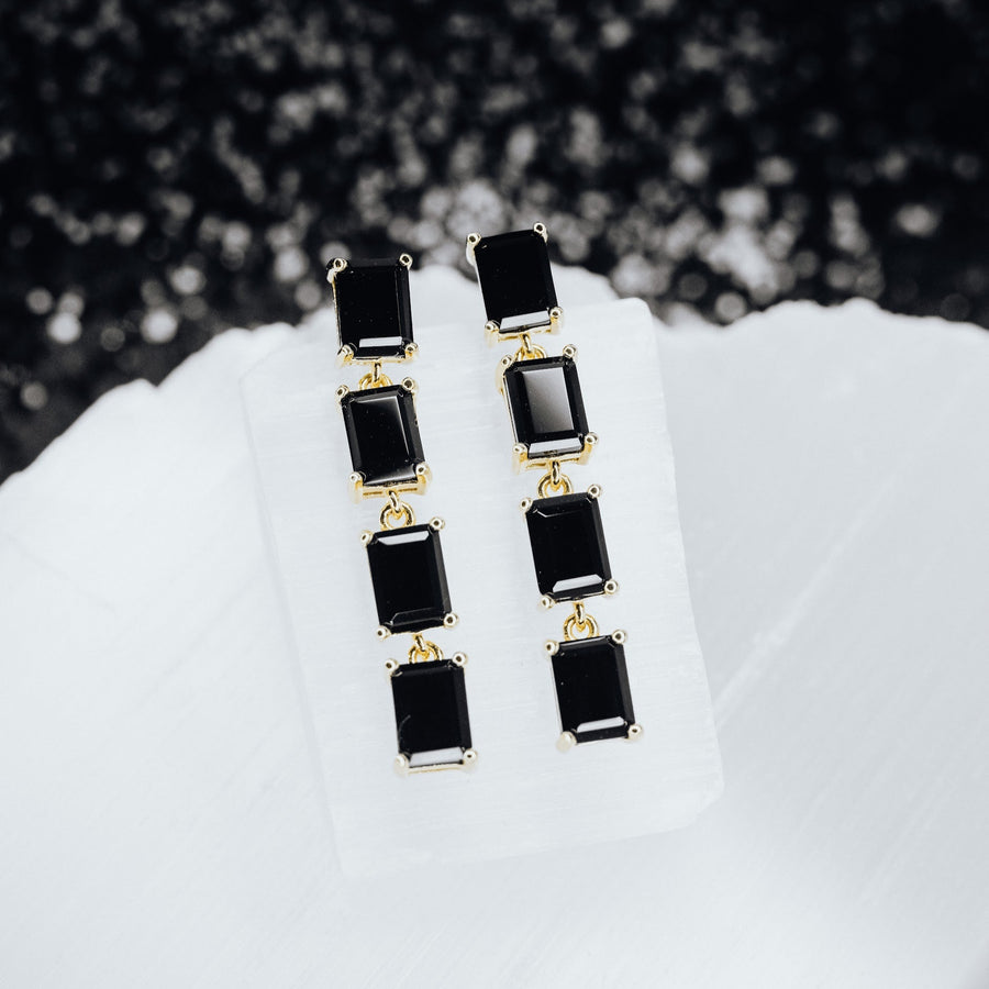 Black onyx 4 stone rectangular earrings