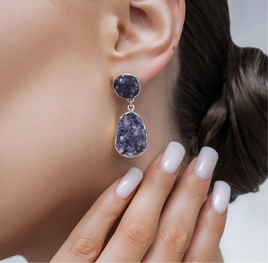 Amethyst druzy silver earrings