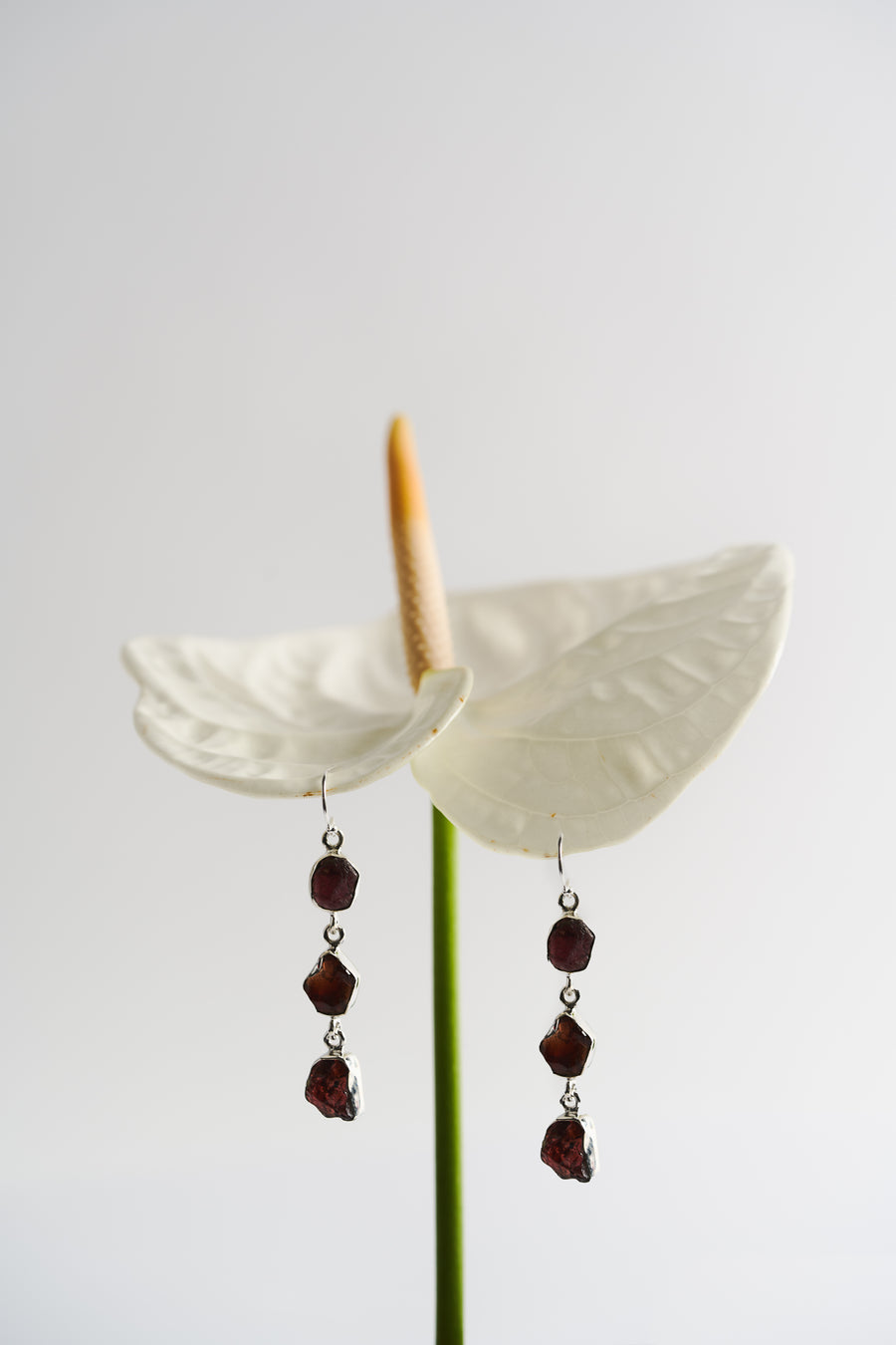 Garnet triple silver earrings