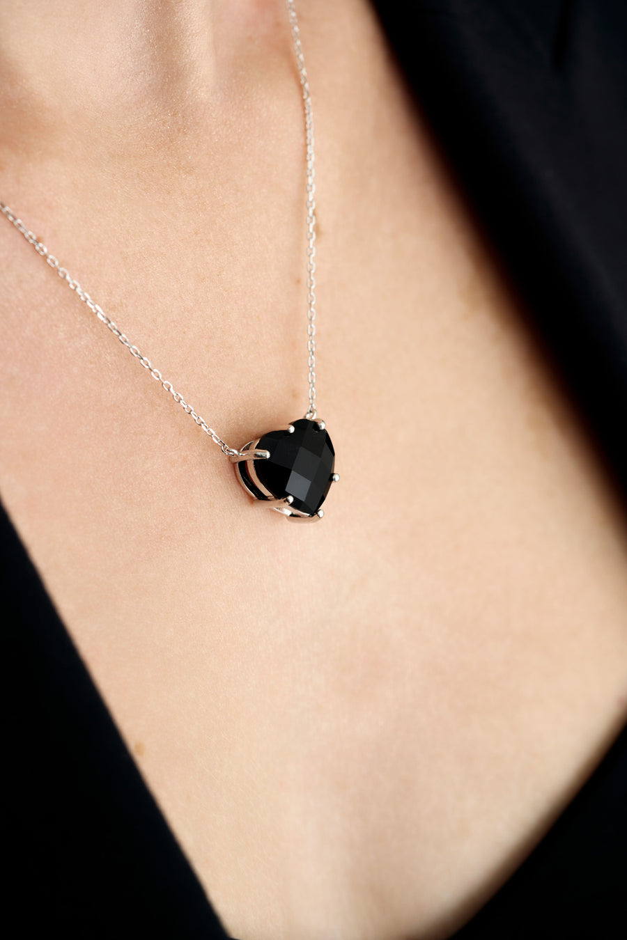Black onyx silver heart necklace