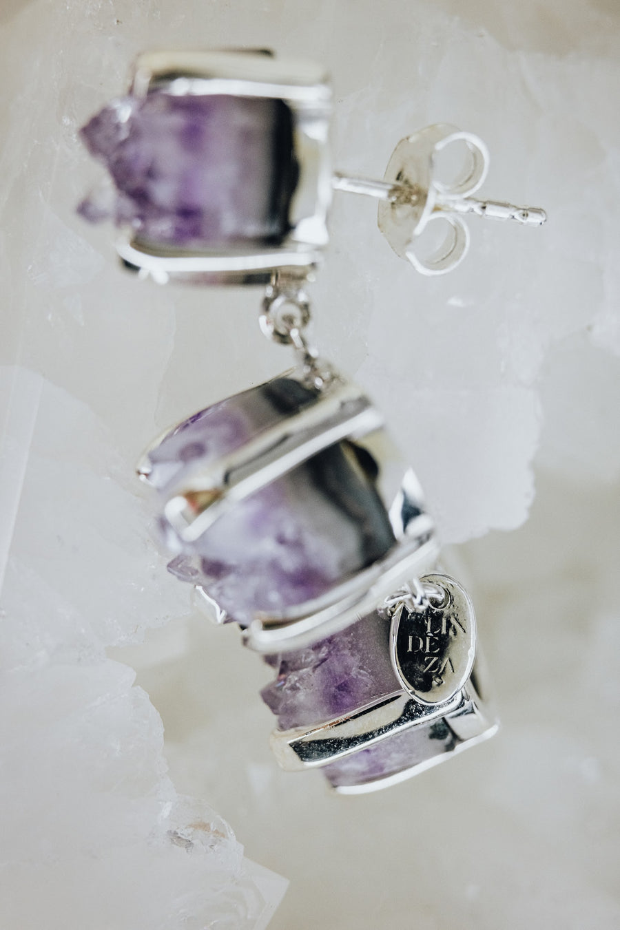 Triple amethyst silver earrings