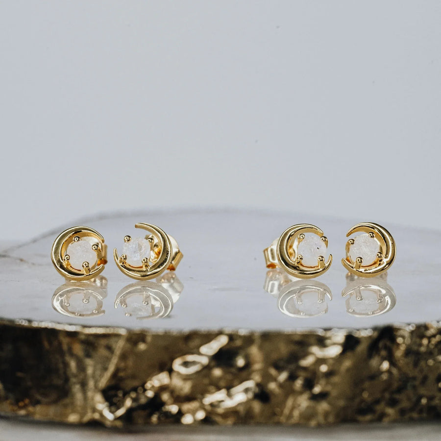Boucles d'oreilles lune en pierre de lune 18K
