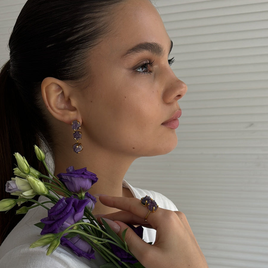 Boucles d'oreille triple améthyste 18K