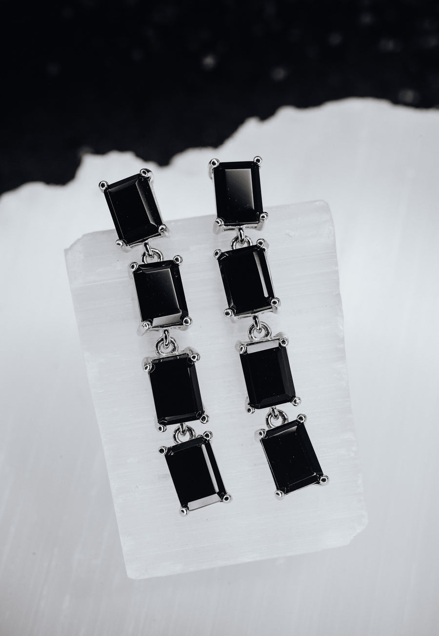 Black onyx 4 stone rectangular silver earrings