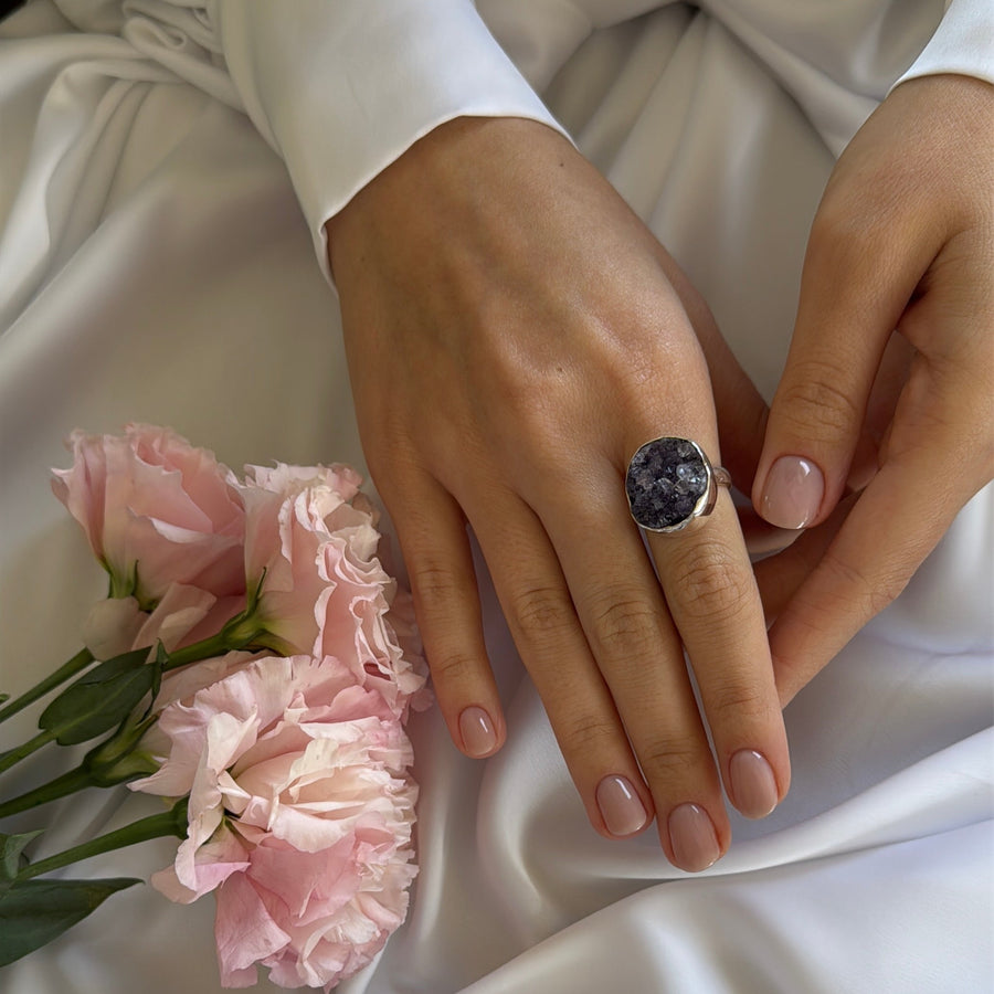 Bague réglable en Améthyste druzy