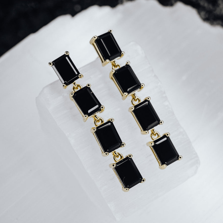 Black onyx 4 stone rectangular earrings