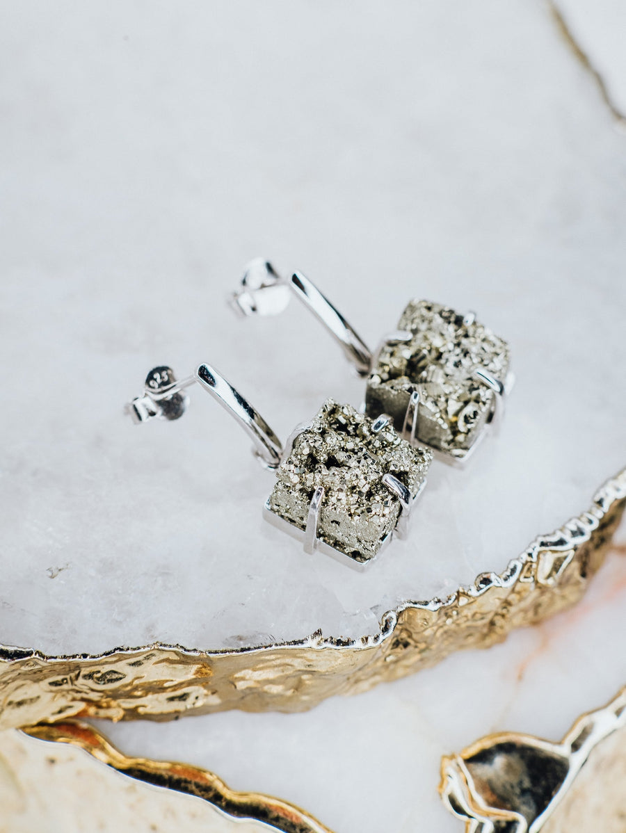 Pyrite square silver earrings