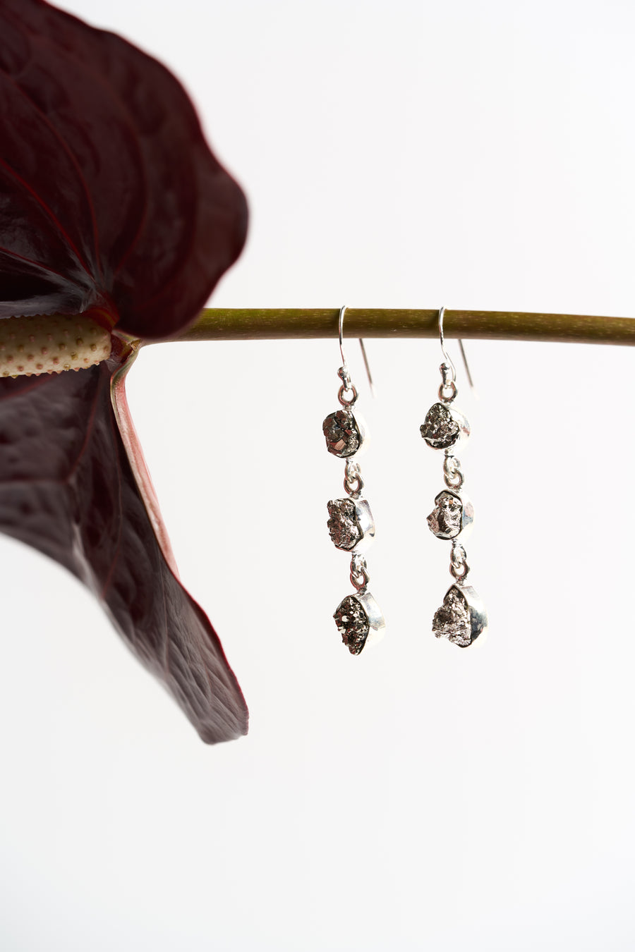 Pyrite triple silver earrings