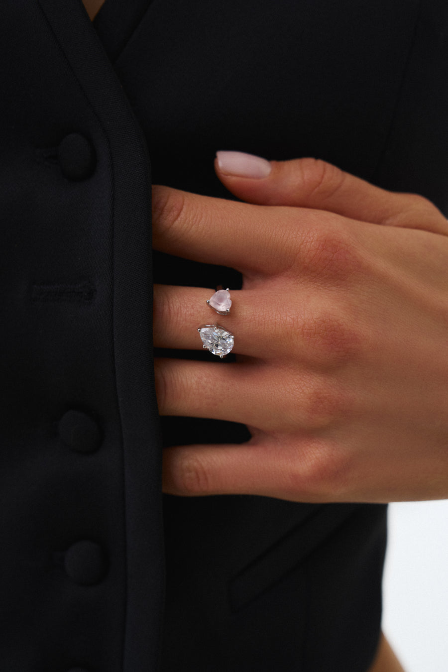 Clear quartz + Rose quartz adjustable ring