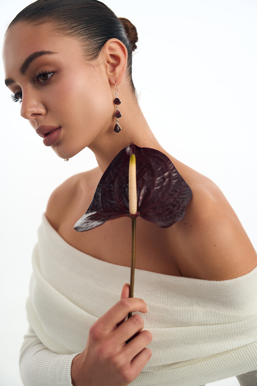 Garnet triple silver earrings