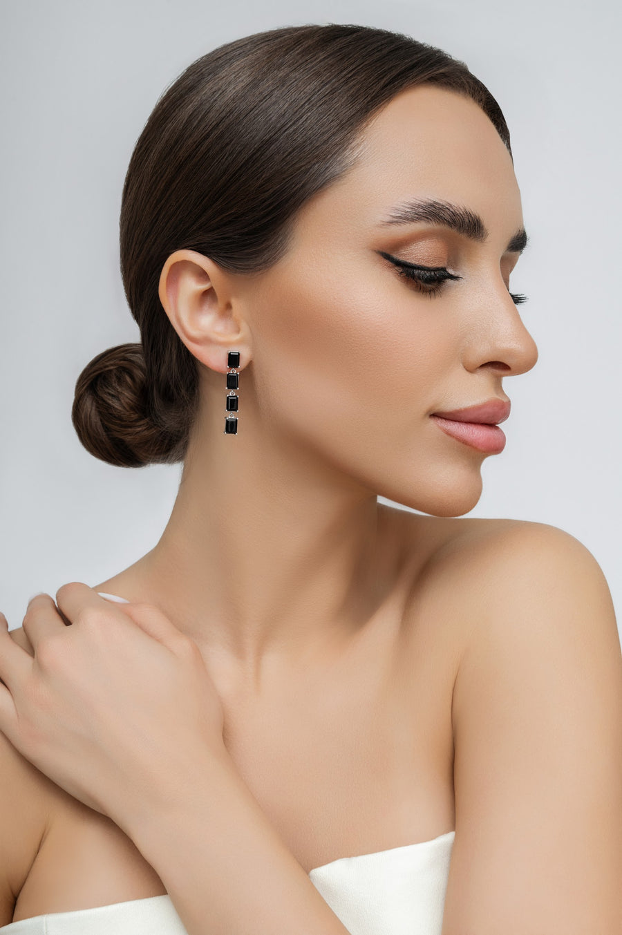 Black onyx 4 stone rectangular silver earrings