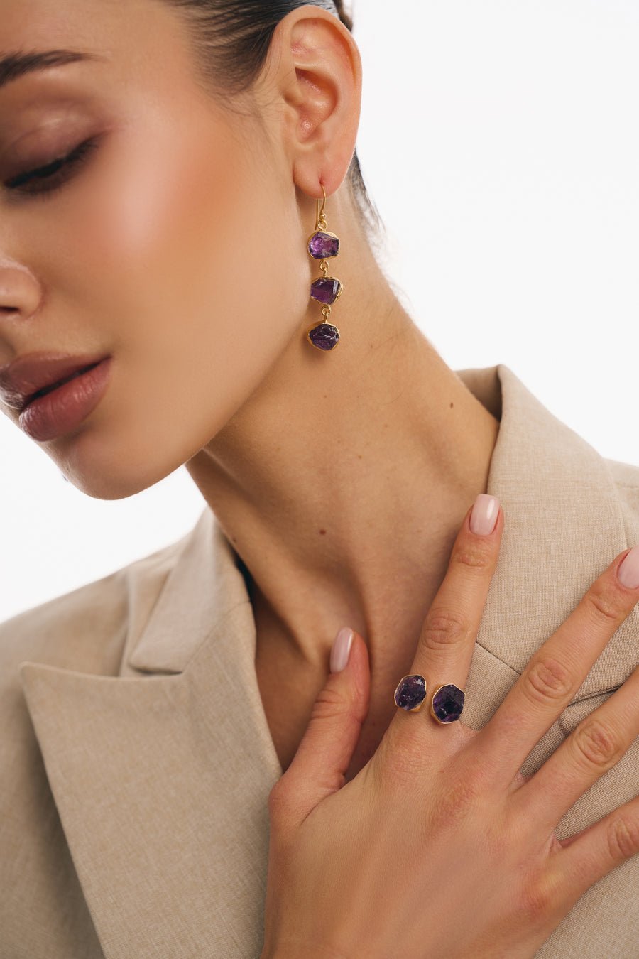 Boucles d'oreilles triples en Améthyste 18K