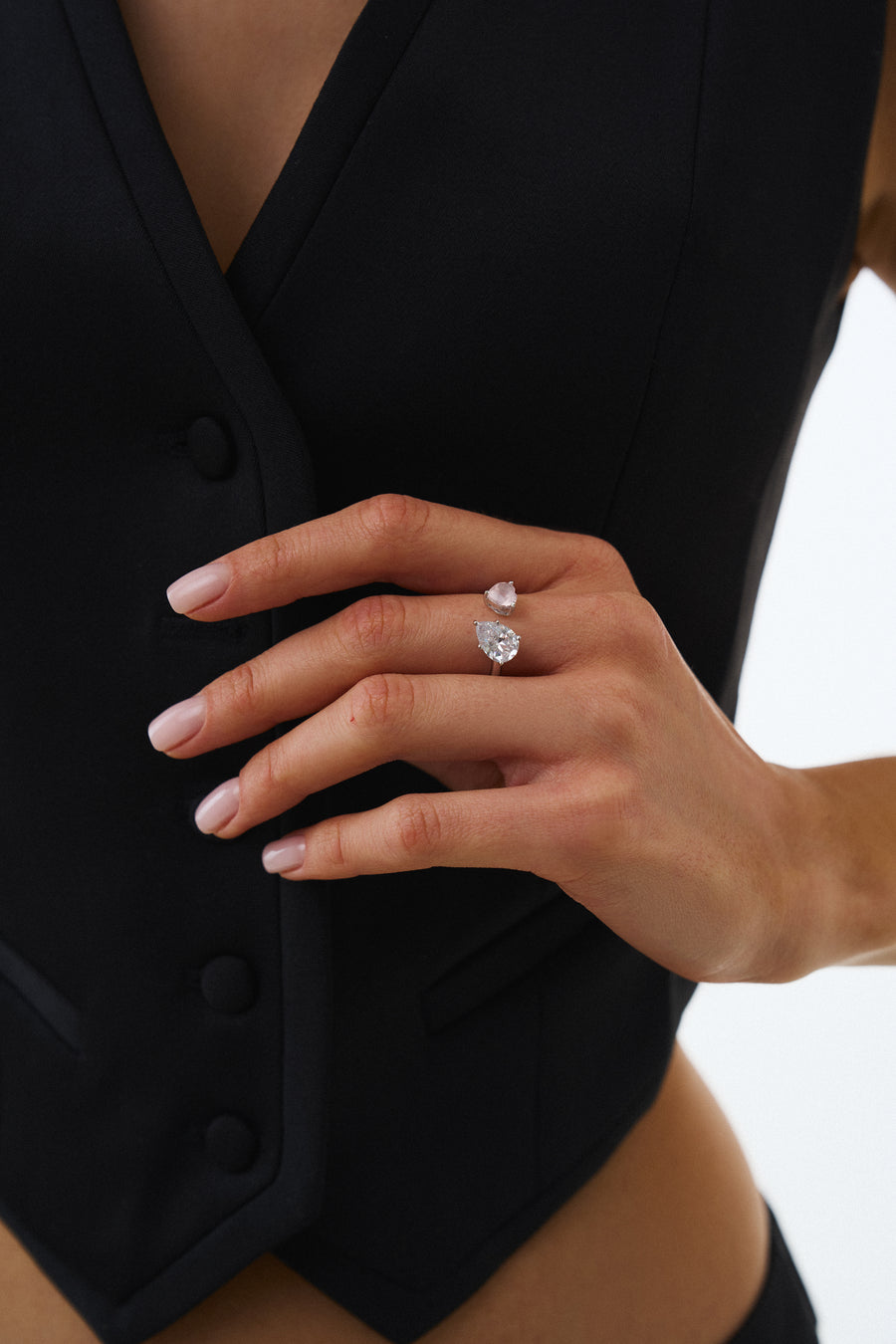 Clear quartz + Rose quartz adjustable ring