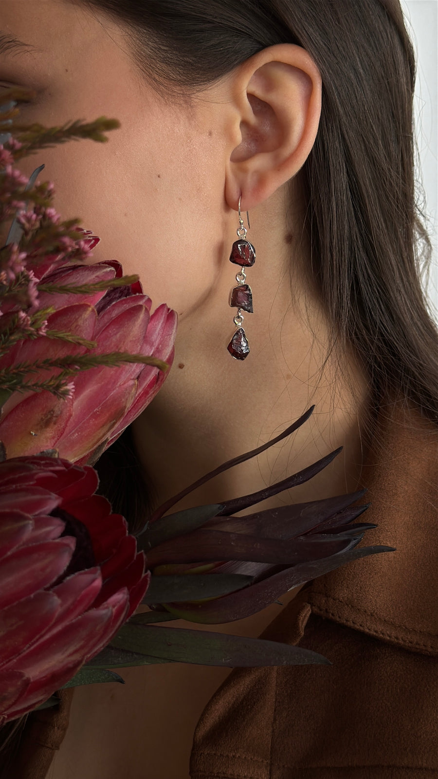 Garnet triple silver earrings