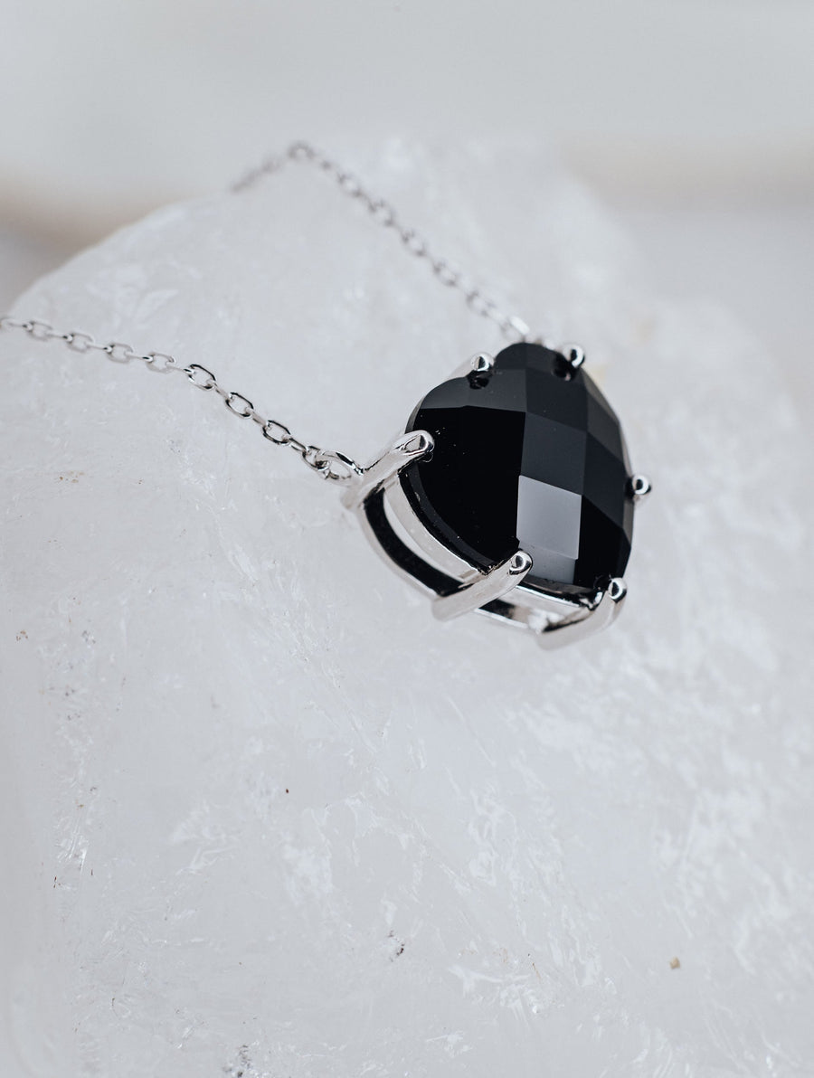Black onyx silver heart necklace