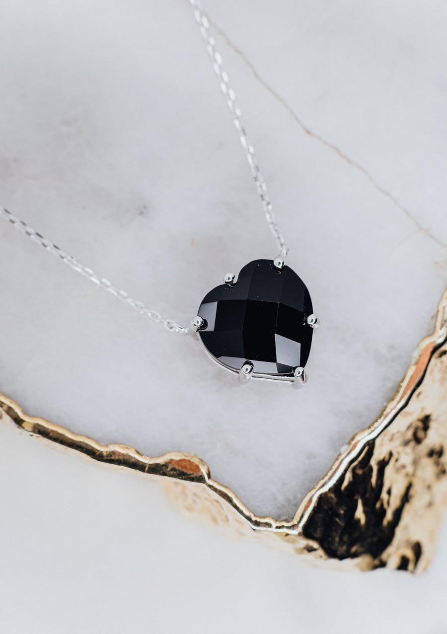 Black onyx silver heart necklace