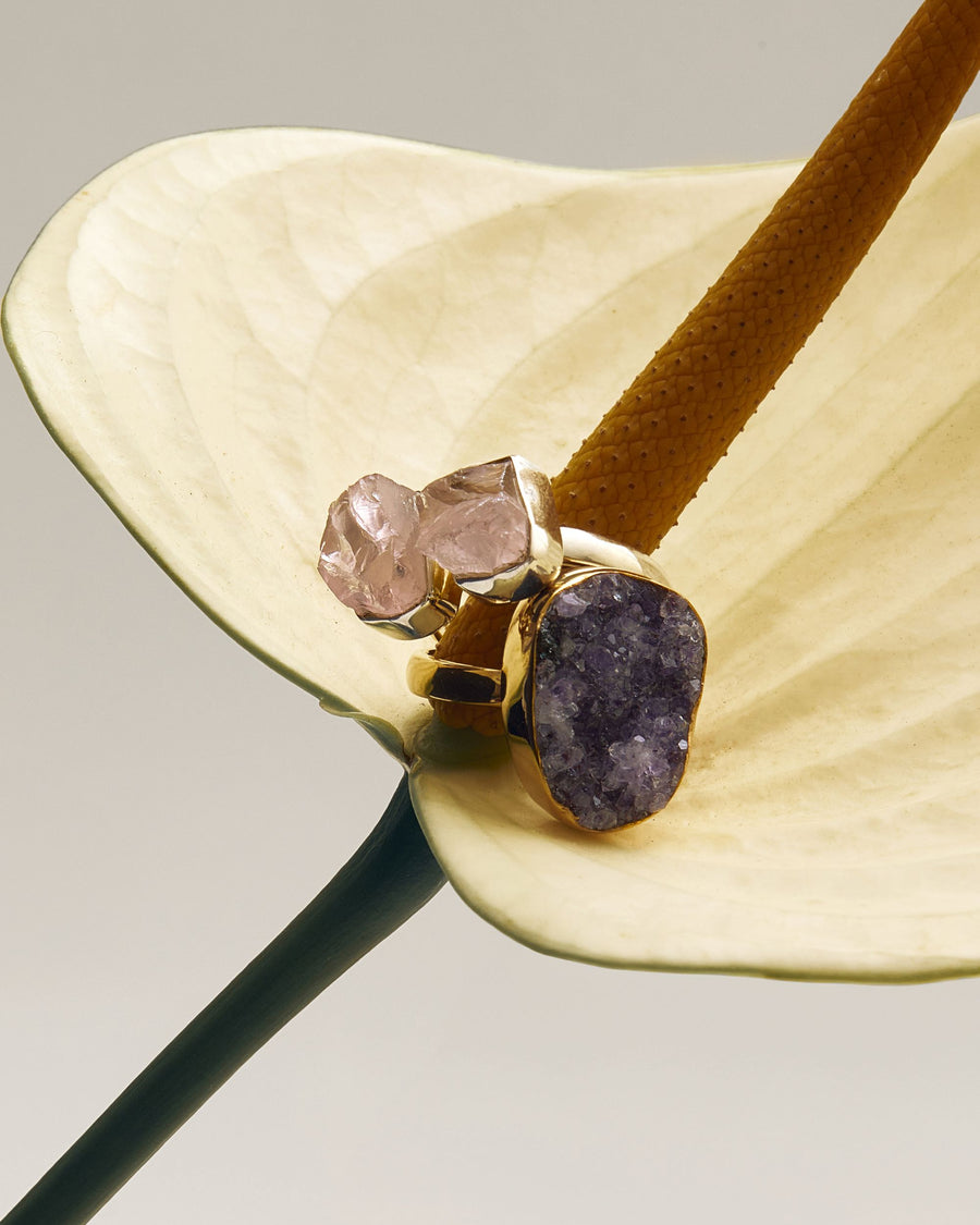 Bague ajustable en Améthyste Druzy 18K