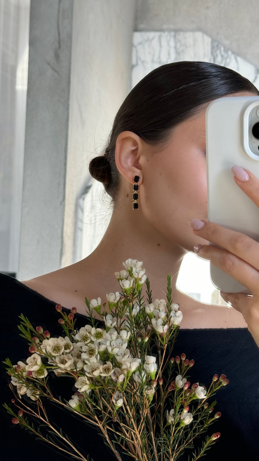 Black onyx 4 stone rectangular earrings