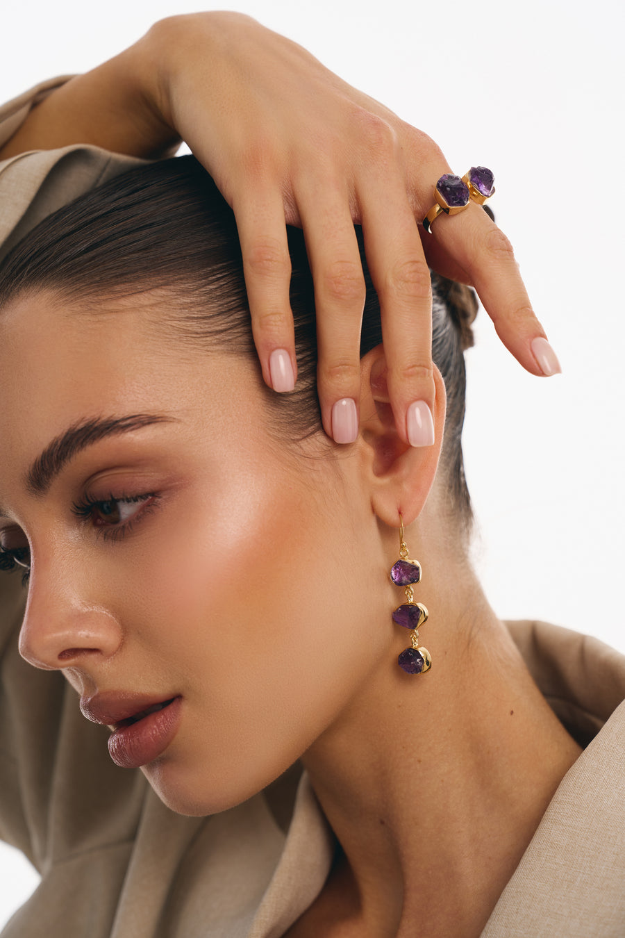 Boucles d'oreilles triples en Améthyste 18K