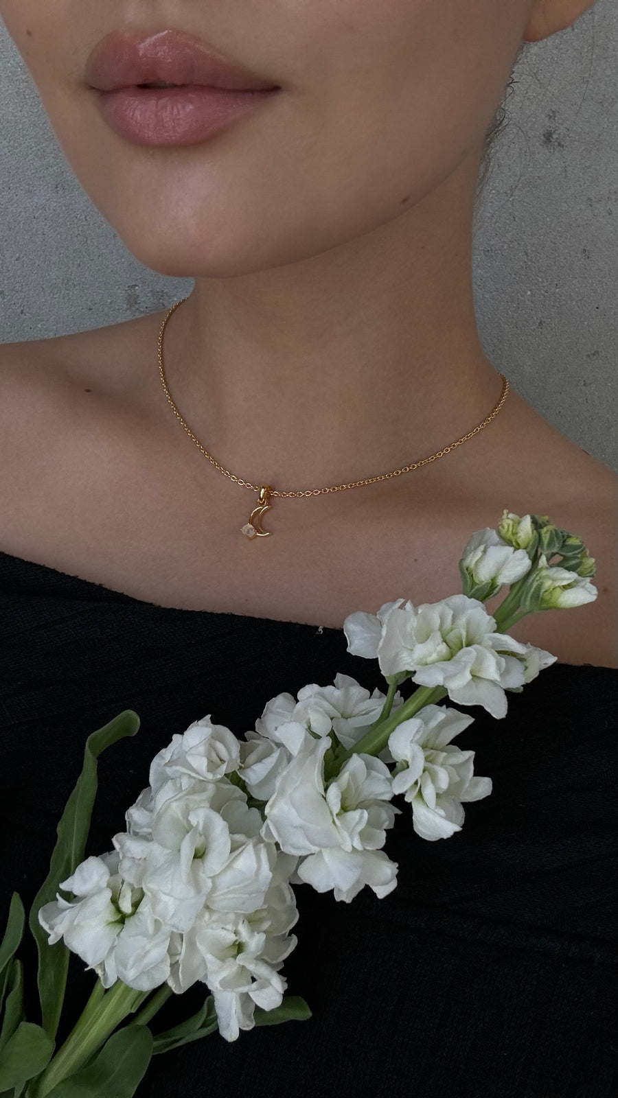 Collier Croissant de Lune en Pierre de Lune 18K