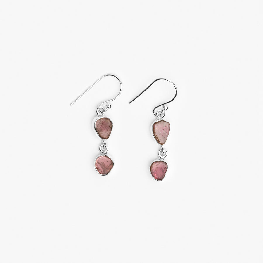 Boucles d'oreilles argentées double en tourmaline rose