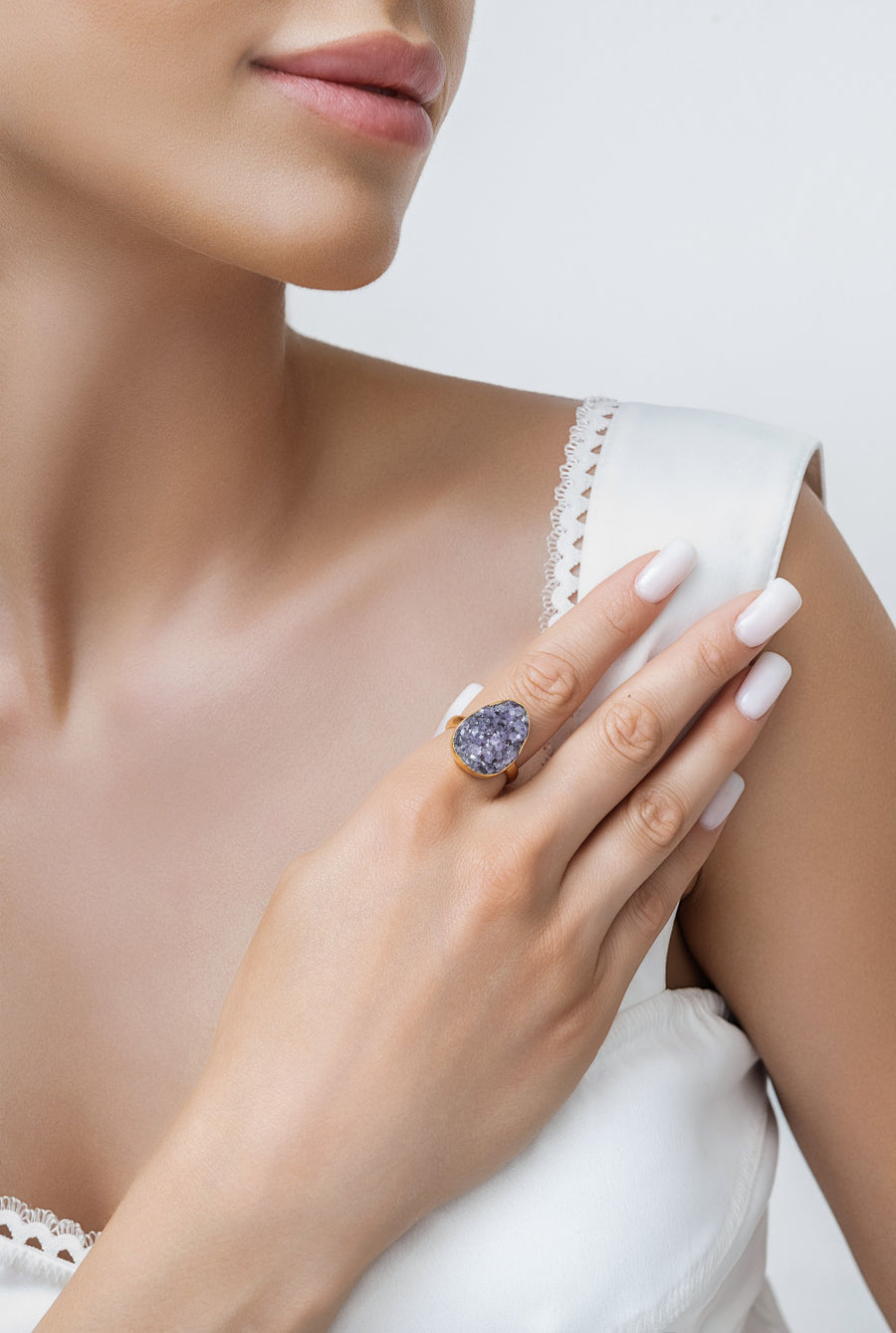 Bague ajustable en Améthyste Druzy 18K