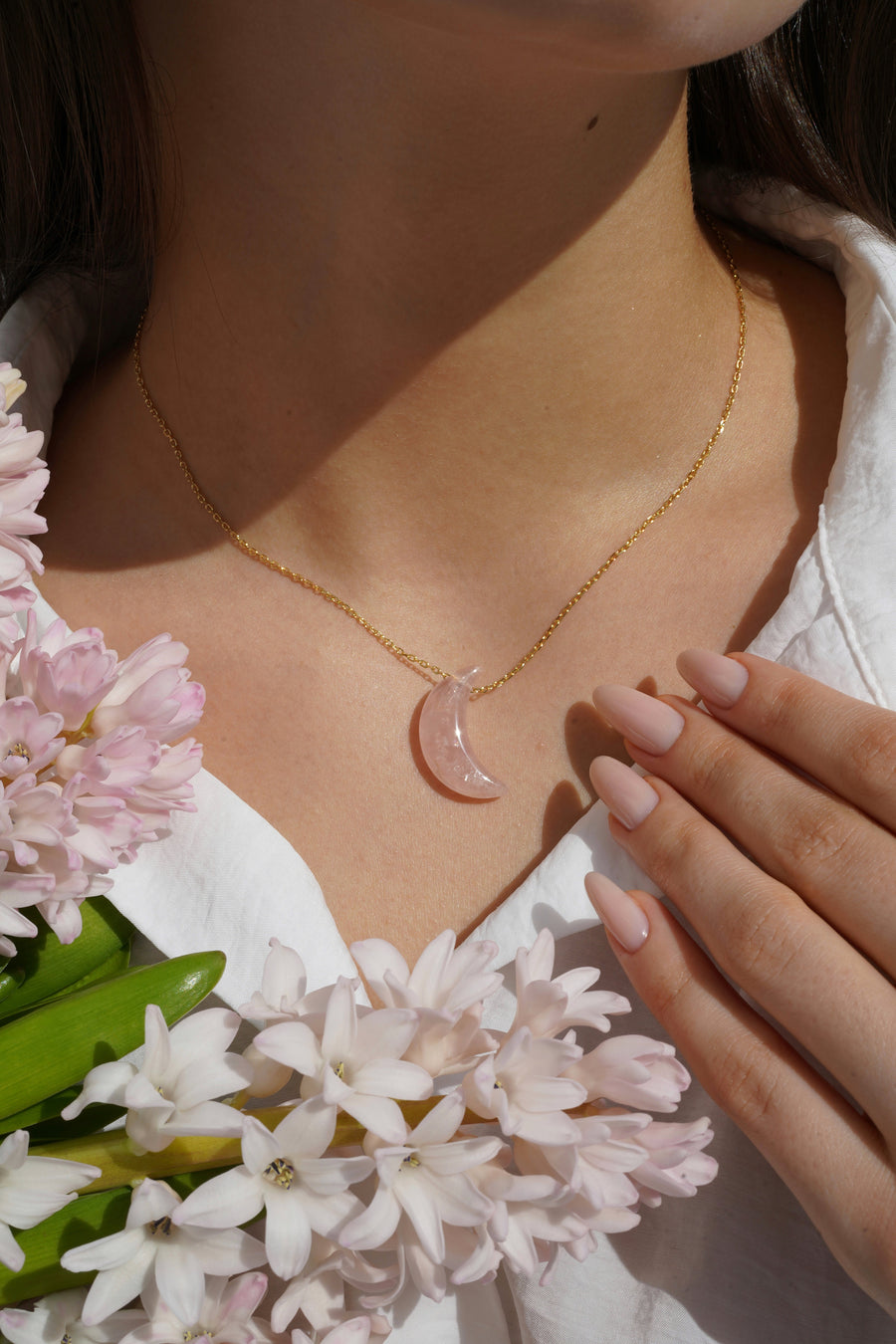 Collier lune en quartz rose