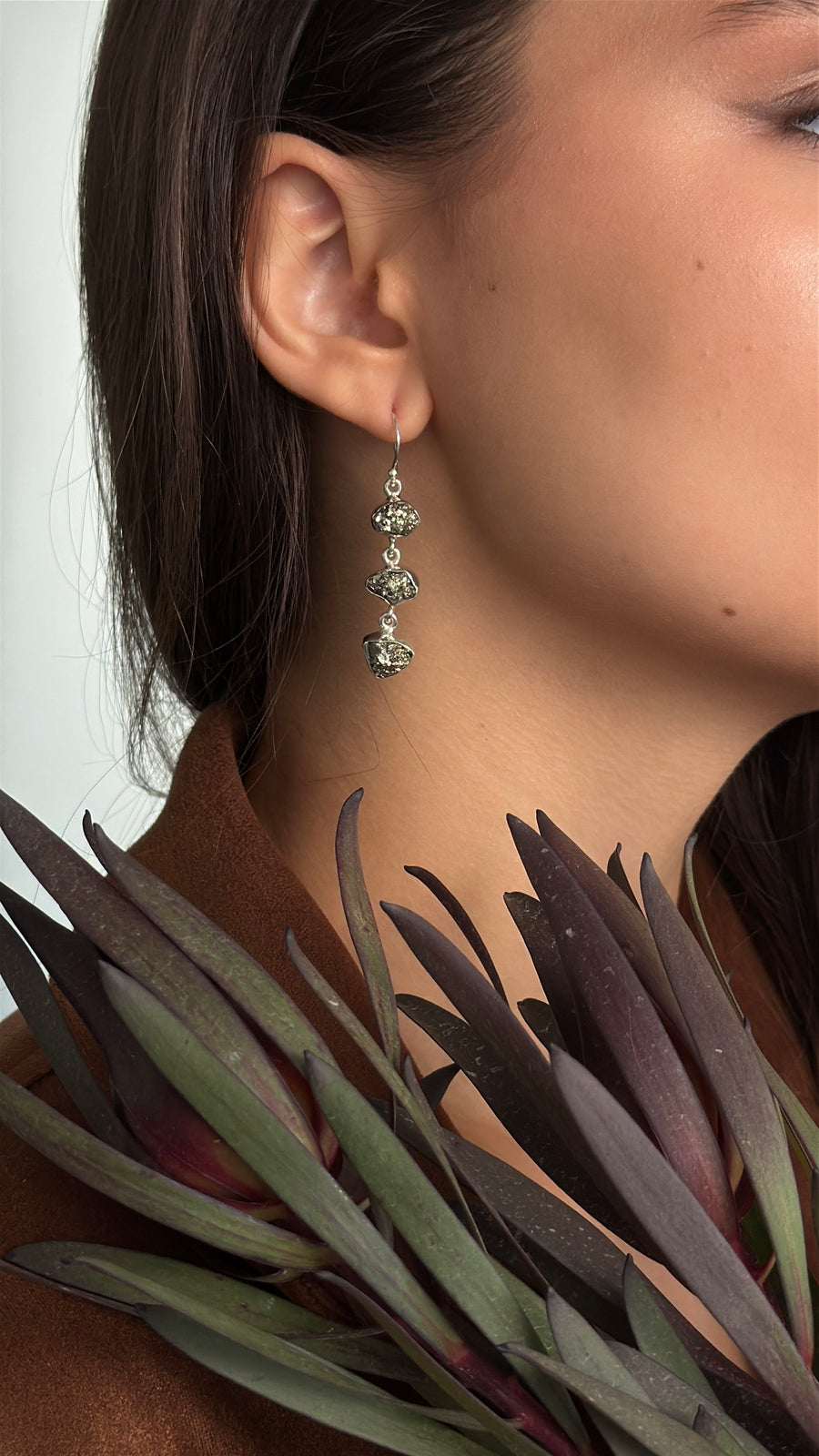 Pyrite triple silver earrings