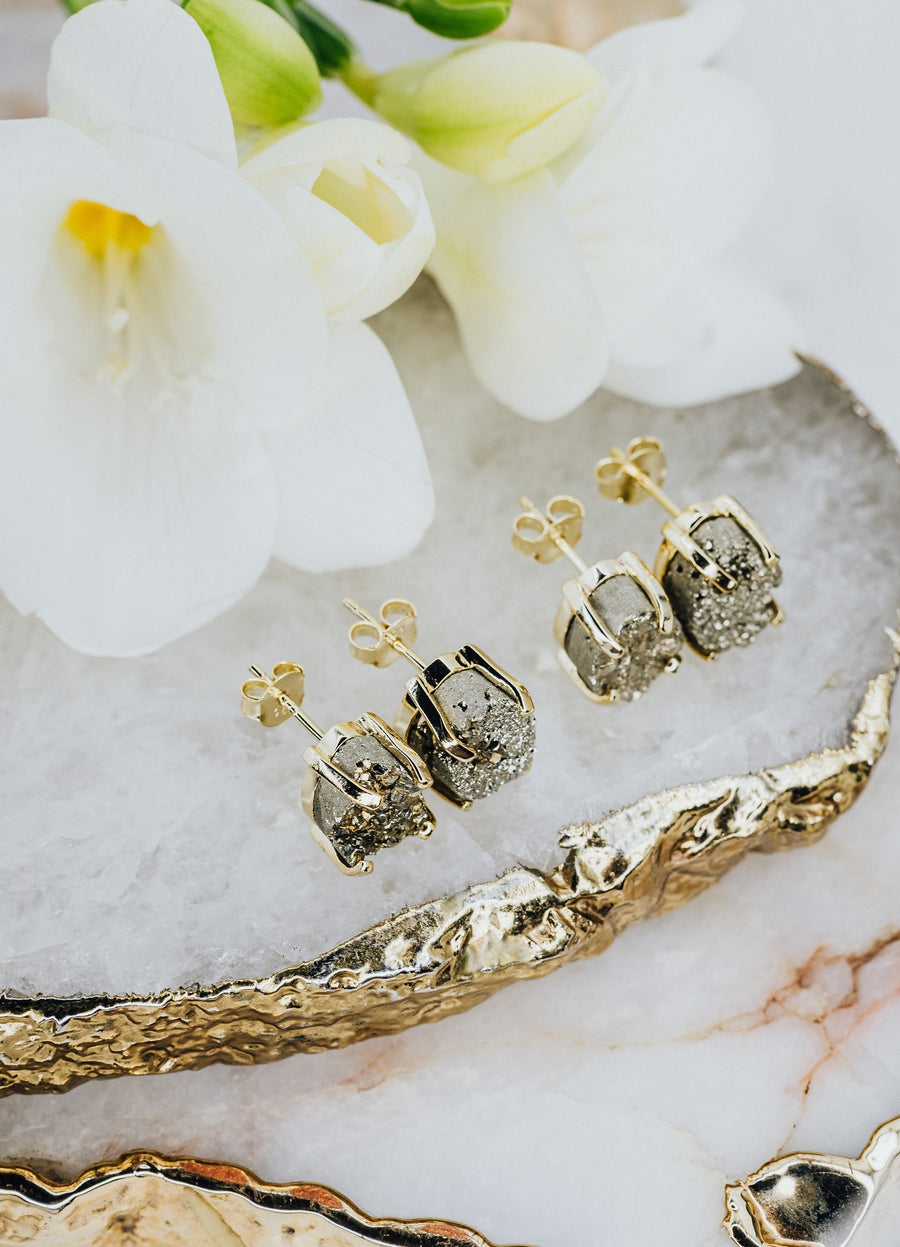 Pyrite teardrop silver stud earrings