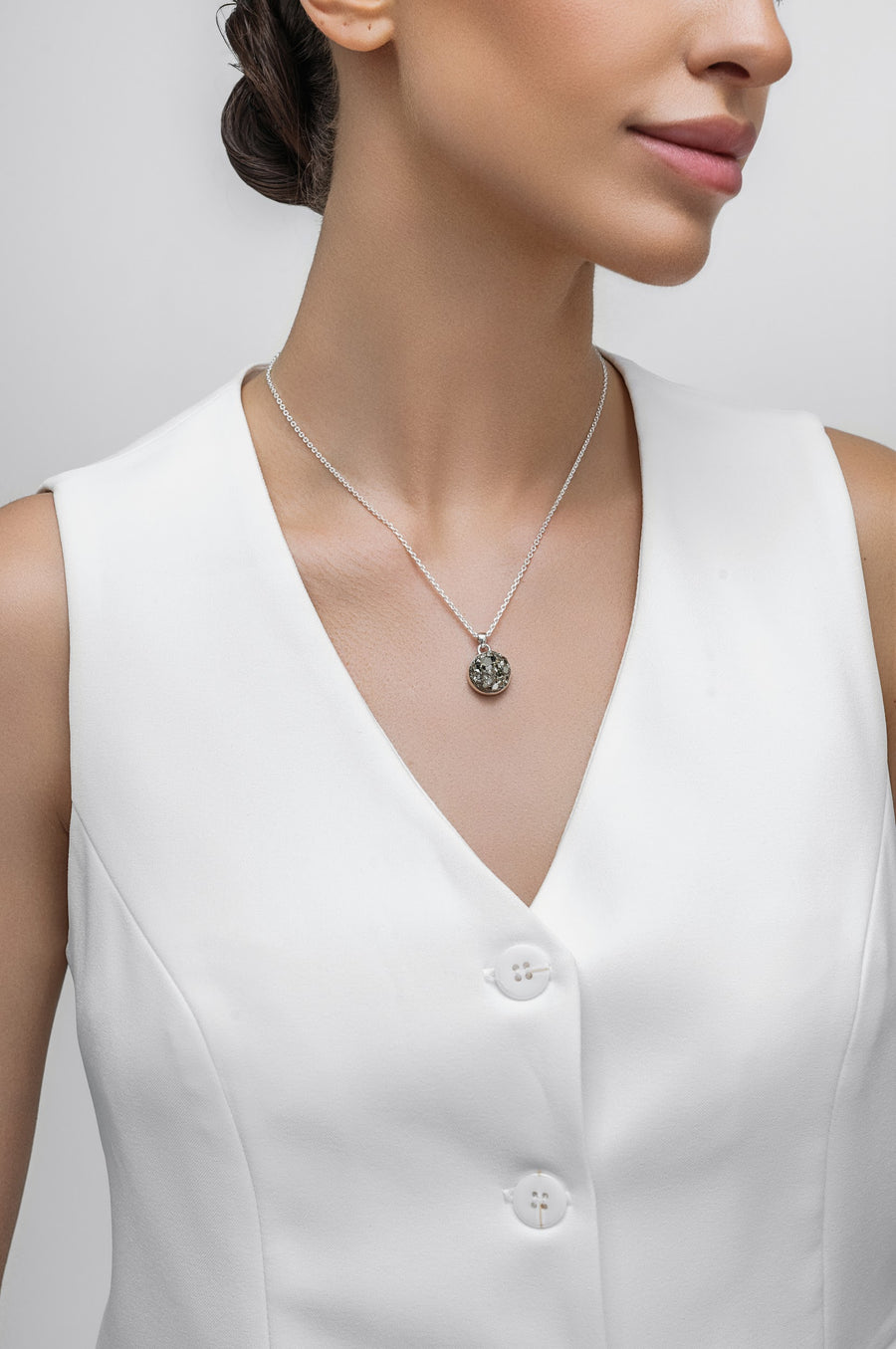 Pyrite round silver necklace